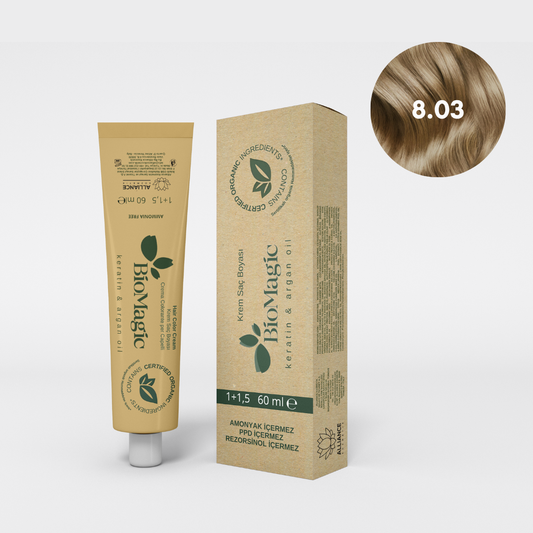 BioMagic Krem Saç Boyası 60ml 8.03 Açık Karamel (Açık Kumral Dore) &  30 Vol. Oksidan 90ml
